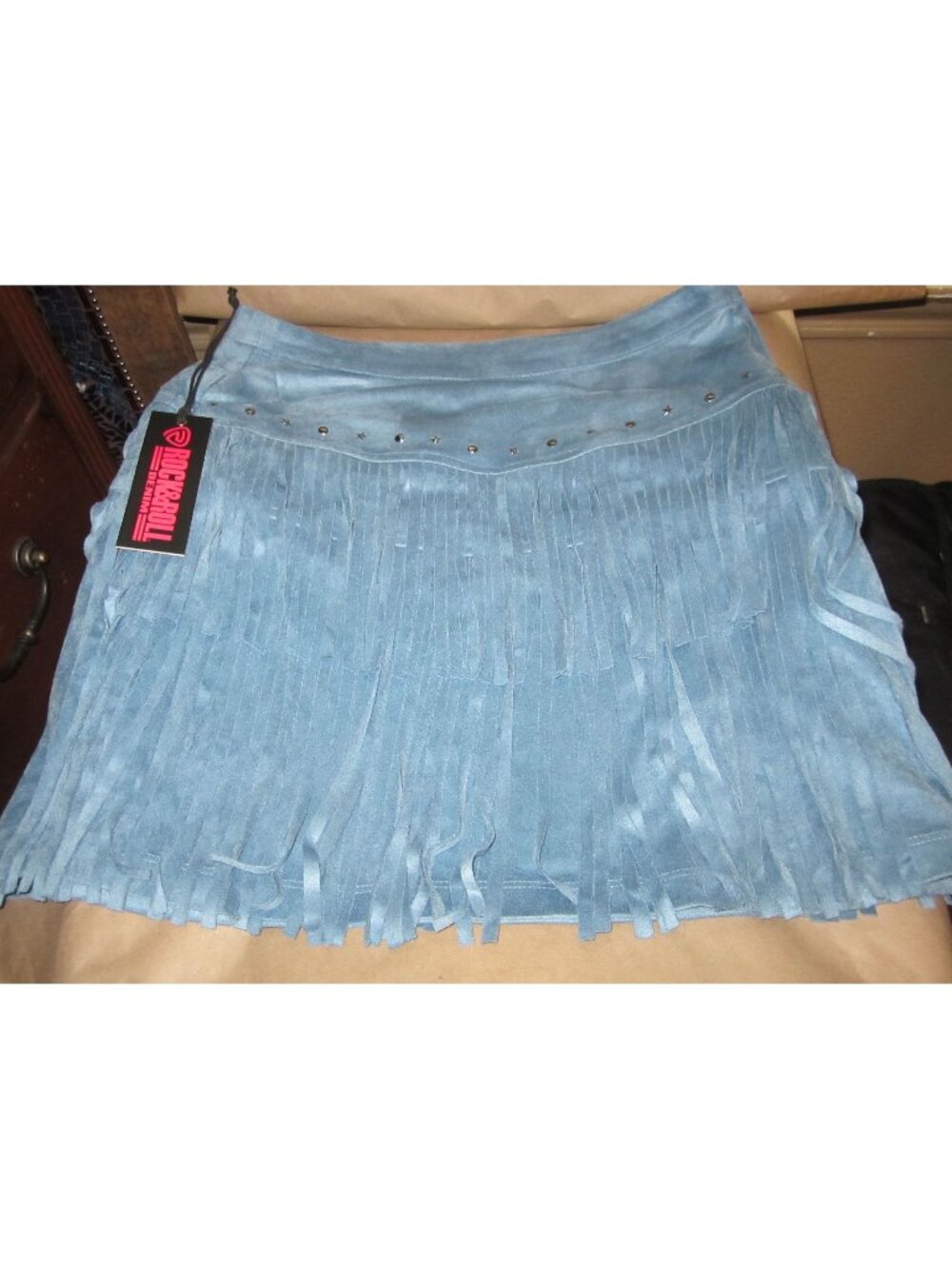 Rock and Roll Denim Women's Fringe Studded Faux Suede Mini Skirt Medium NWT - Picture 1 of 8